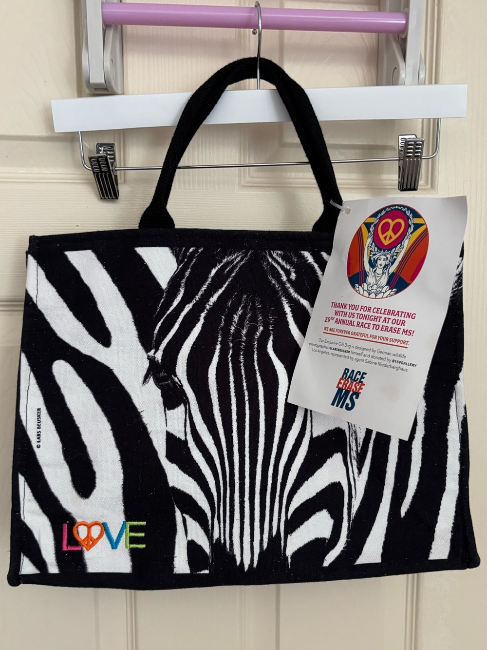 Lars Beusker Race to Erase MS Embroidered Zebra Print Tote Exclusive NWT 15” W